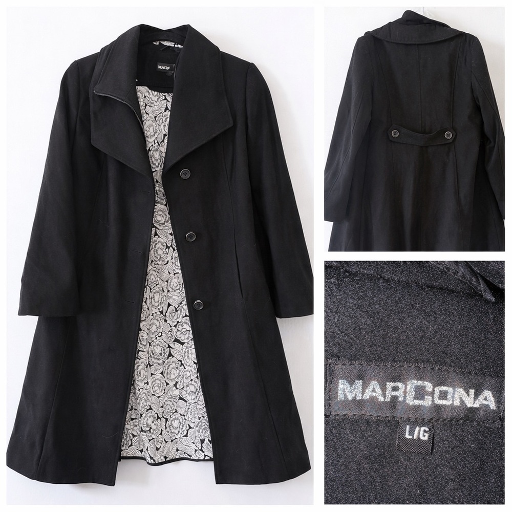 🧥 Marcona Black Dress Coat – Floral Lined | Size L/G